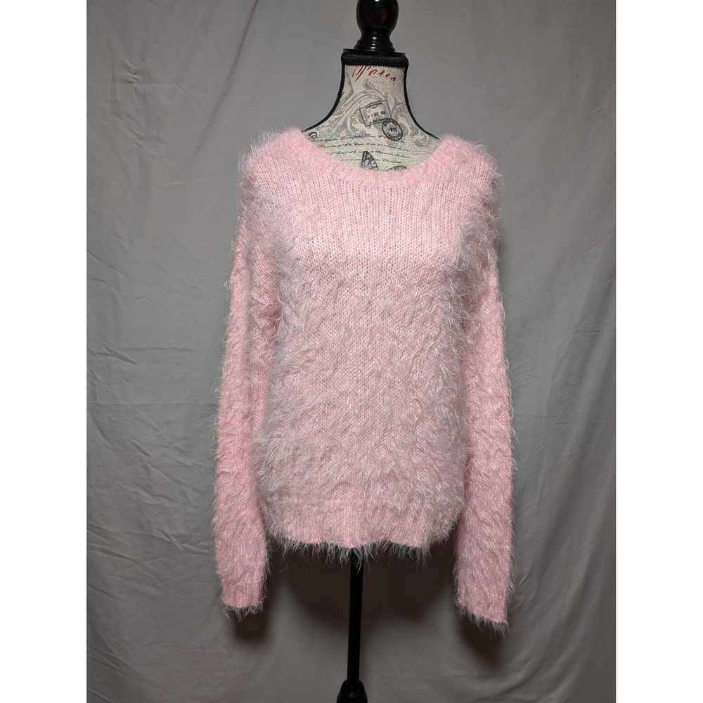 Apt. 9 Pink Fuzzy Eyelash Knit Sweater Barbiecore Silver Shimmer Women's Medium